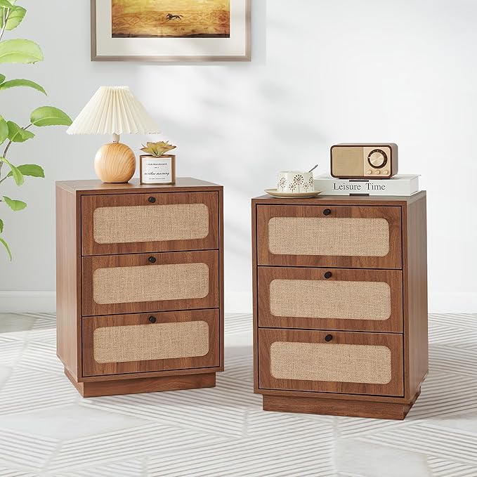 AVZEAR Mid Century Night Stand with 3 Drawers, Farmhouse End Table with Storage & Curved Linen Panel, Modern Nightstands Bedside Table Small Side Table for Small Space, Bedroom(Walnut)