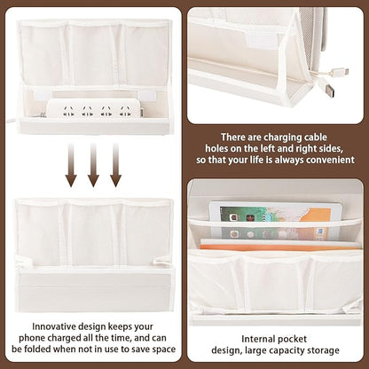 Retyion Bedside Caddy Bedside Storage Organizer Bedside Organizer with Power Strip Holder and 2 Adjustable Straps for Home Bunk Bed College Dorm Sofa (White)