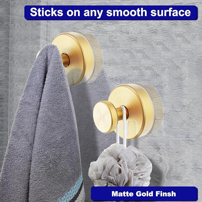 Bntuk Suction Cup Hooks for Shower, Removable Towel Hooks for Bathroom Window Glass Door Wall, Bath Robe Looafh Hook for Hanging - 4 Pack, Gold1