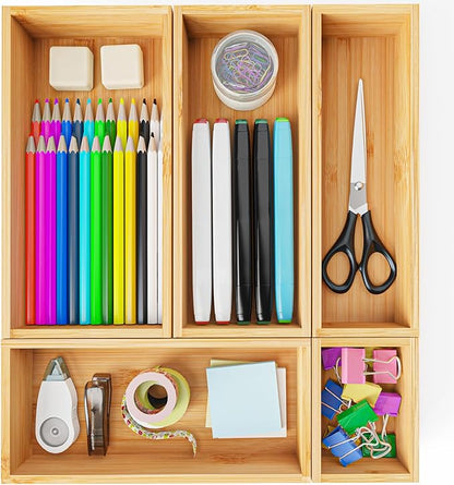 Bamboo Drawer Organizer Boxes, 5 PCS Junk Drawer Organizer, Wooden Storage Trays for Kitchen, Bathroom, Office, Makeup
