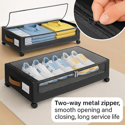 Under Bed Storage with Wheels – Foldable Rolling Organizer Bin with Lid & Label Slot, Clothes Storage Box for Blankets, Shoes, Sweaters, Underbed Storage Container for Bedroom & Closet (Gray*2pcs)