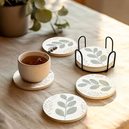 VEYRO Ceramic Coasters Set of 6 – Absorbent Stone Drink Coasters with Holder, Non-Slip Cork Backing, Modern Marble Look Coasters for Coffee Table, Desk & Home Decor