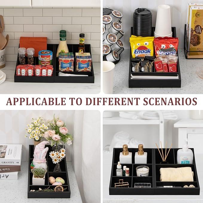 Coffee Station Organizer for Countertop, Condiment Storage Caddy, Coffee Bar Supplies Organizer for Home, Office and Breakroom - Wooden, Black, 7 Compartment
