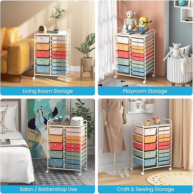 KOTEK 15-Drawer Rolling Storage Cart, Multipurpose Mobile Utility Cart with 4 Wheels, Home Office School Tools Scrapbook Paper Organizer (Multicolor-Combo3)