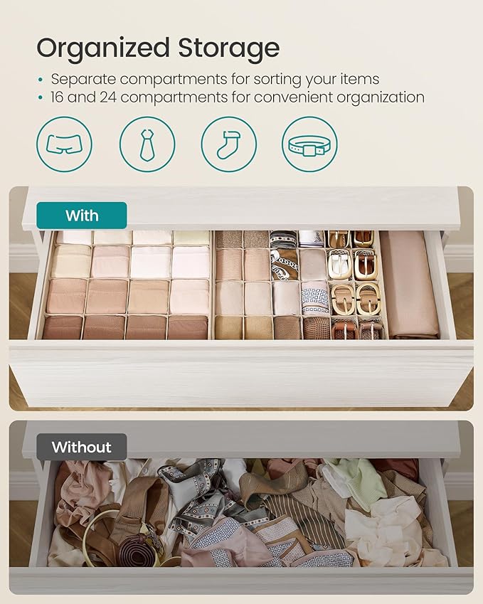 SONGMICS 4 Pack Drawer Organizers, 80 Cells (2x16+2x24), Foldable Dividers, 11.8 x 11.8 x 3.9 Inches, for Socks, Underwear, Ties, Belts, Summer Sand URUS011K01
