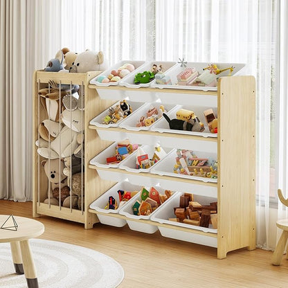 Kids Toy Storage Organizer, 2-in-1 Stuffed Animal Storage & Toy Organizer w/12 Bins, Solid Wood Toy Rack Featuring Thicker Elastic Ropes to Hold Toys, Playroom Nursery Bedroom Storage, White