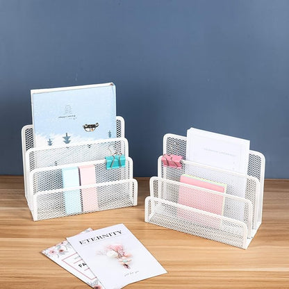 VANRA Small Letter Sorter Pack of 2 Desktop File Organizer Metal Mesh Paper Stacking Sorter Holder 3 Slots (2 White)