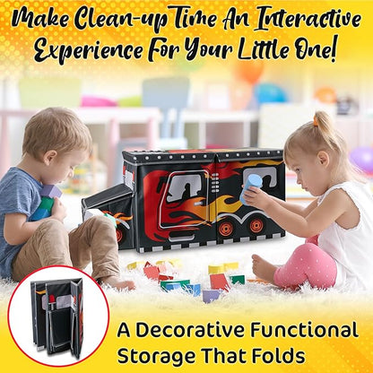 KAP Toy box for boys, Junior size, interactive Light up LED Toy chest, Children's Decorative Racing Truck Storage Bin, Toy Storage, Foldable Storage/Toy Box, Pop up Organizer, (Racing Collection)