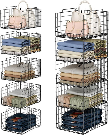 5-Tier Stackable Closet Organizer Shelf – Foldable Metal Storage Bins for Clothes, Sweaters & Towels | Stylish Black Wire Baskets for Bedroom, Wardrobe, Dorm or Entryway