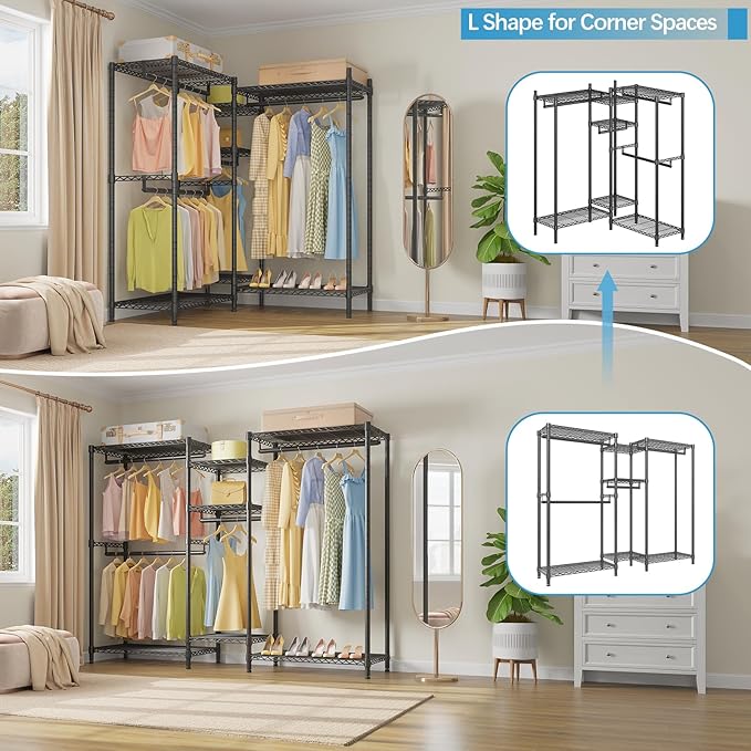 VIPEK L6 Heavy Duty Clothes Rack L Shape Clothing Rack 5-Tier Wire Garment Rack Freestanding Closet with 7 Adjustable Shelves & 4 Hanging Rods, 42.1" L x 42.1" W x 76.4" H, Max Load 850LBS, Black