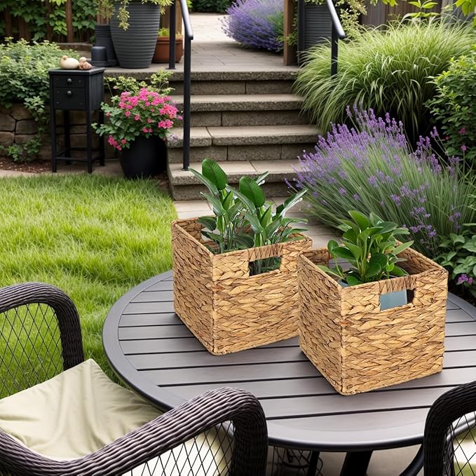 4 Pack 9in Wicker Storage Cubes, Water Hyacinth Baskets, Foldable Wicker Baskets, Storage Basket with Built-in Handles, Handwoven Natural Basket for Shelves, Outdoor