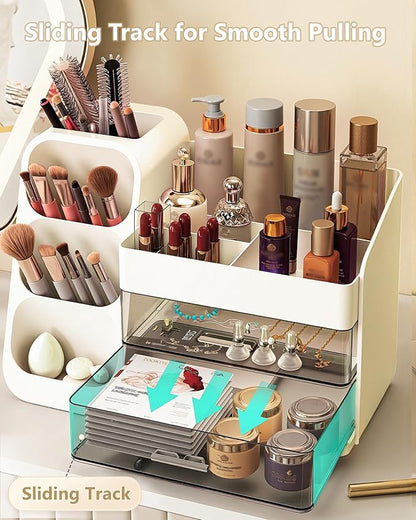 Anylady Makeup Organizer with Drawers, Skincare Organizer (Large Size Thick), Storage Box Cosmetic Display Cases, Make up Organizers for Vanity, Dresser, Desk, Kitchen, Countertop (cream)