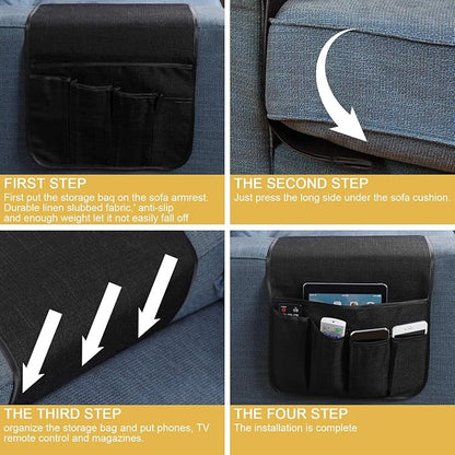 Sixyotie Sofa Armrest Organizer Non-Slip Remote Control Holders for Recliner Couch Chair Armchair Caddy with 5 Pockets for Table,Cell Phone,Ipad,Magazines,Books (13x35In, Black)
