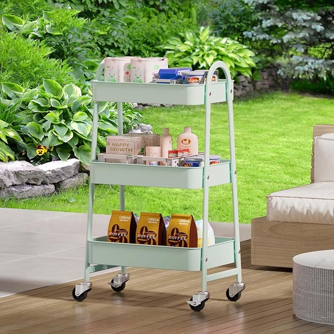 3 Tier Rolling Cart, Utility Cart Kitchen Carts on Wheels with Storage, Multifunctional Metal Organizer Cart for Bathroom, Garage, Baby Diaper, Craft, Art, Teacher, Green