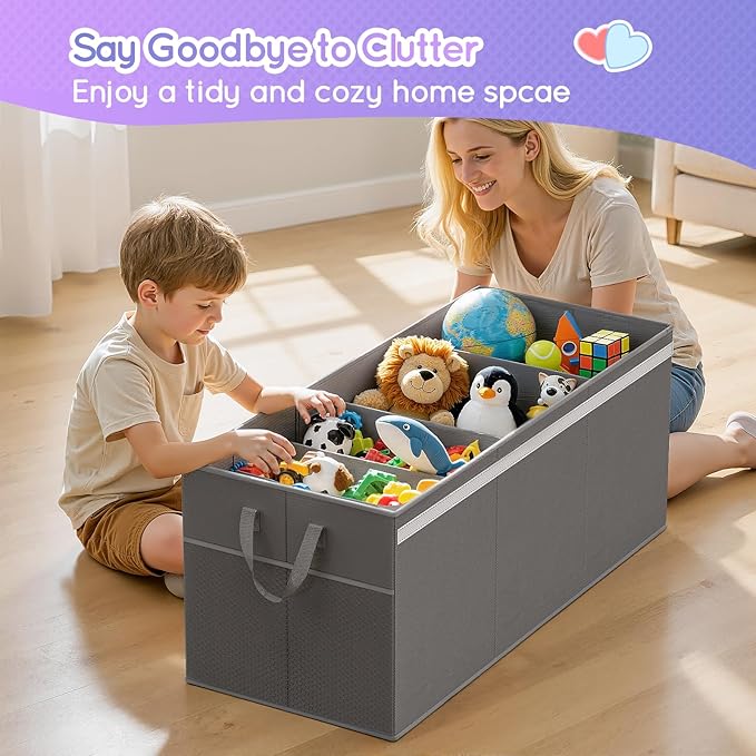 Lewondr 160L Extra Large Toy Storage Organizer with Lid, 40"x16"x16"Collapsible Sturdy Toy box, Toy Chest for Boys Girls, Toybox Storage Bins with 3 Removable Dividers for Living Room, Nursery, Grey