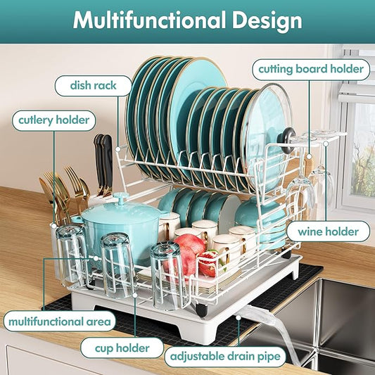 BOOSINY 2 Tier White Large Stainless Steel Dish Drainers Drying Rack for Kitchen Counter with Drainboard, Rust Proof Metal, Space Saving, Modern Aesthetic, Compact Plates Strainers with Extra Mat