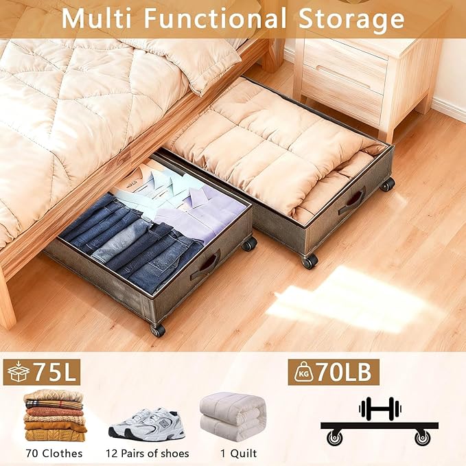 Meetue Under Bed Storage with Wheels, 2 Pack 75L Underbed Large Storage Bins with Lid, Adjustable Rolling Storage Containers for Clothes, Shoes, Blankets