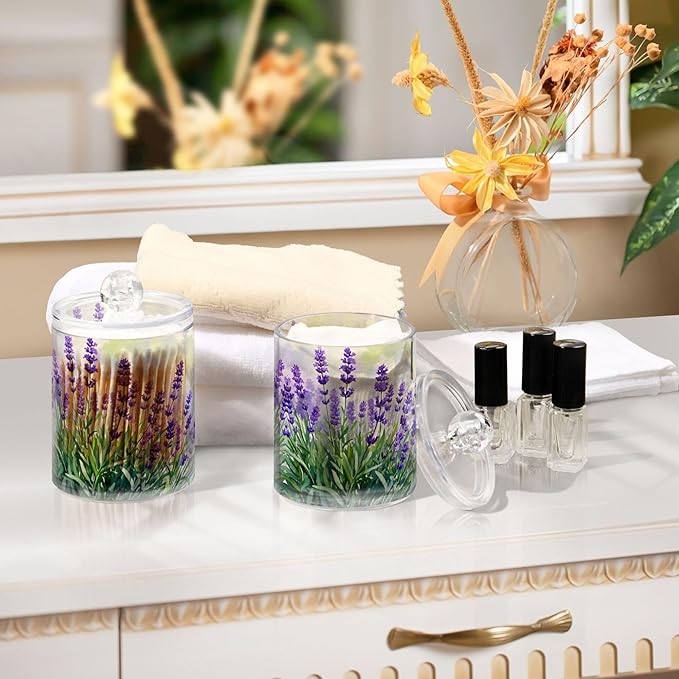 MNSRUU 4 Pack Qtip Holder Organizer Dispenser Lavender Bathroom Storage Canister Cotton Ball Holder Bathroom Containers for Cotton Swabs/Pads/Floss