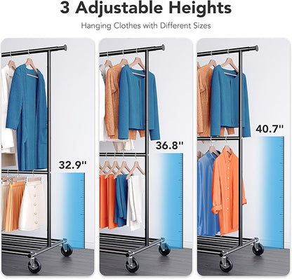 HOKEEPER Clothes Rack, Clothing Rack for Hanging Clothes Heavy Duty Garment Rack with Wheels Commercial Portable Freestanding Closet Rack with Shelves for Bedroom, Living Room, Laundry, Balcony, Black