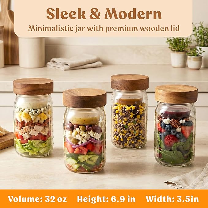4 Pack Glass Salad Jars Pod with Wooden Lids for Meal Prep, Leakproof Container with Two Small Built in Cups for Wet/Dry Separation for Salad Dressing and Ingredients, 32oz Mason Jars
