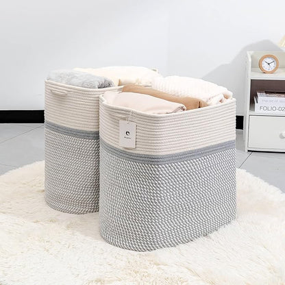 Storage Baskets for Clothes Fabric Cotton Rope Storage Basket with Handles, Decorative Woven Basket for Living Room,Closet Organizer Blankets, and 2bags (White/Gray, L17.8×W12.5×H17.9)