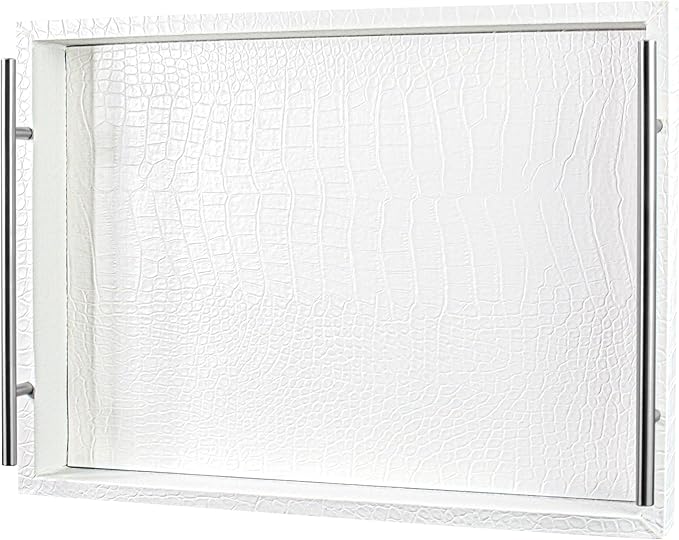 White Leather Serving Tray with Silver Handles, Rectangular Tray for Coffee Table, Ottoman, Alligator Faux Leather, Decorative Trays for Home Decor, for All Occasions, 16" x 12"