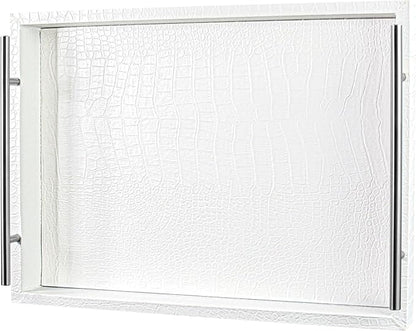 White Leather Serving Tray with Silver Handles, Rectangular Tray for Coffee Table, Ottoman, Alligator Faux Leather, Decorative Trays for Home Decor, for All Occasions, 16" x 12"