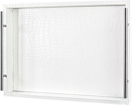 White Leather Serving Tray with Silver Handles, Rectangular Tray for Coffee Table, Ottoman, Alligator Faux Leather, Decorative Trays for Home Decor, for All Occasions, 16" x 12"