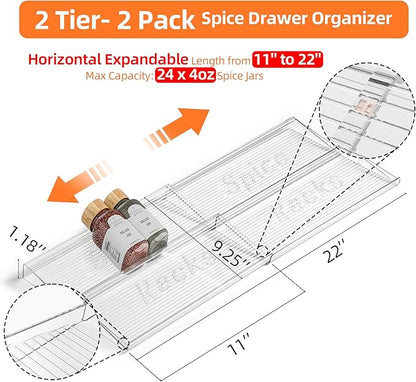 PanPanPal Spice Drawer Organizer, 2 Tier- 2 Pack Clear Acrylic Drawer Seasoning Organizer, Expandable From 11'' to 22'' Kitchen Spice Rack Organizers and Storage for Drawer (Jars not included)