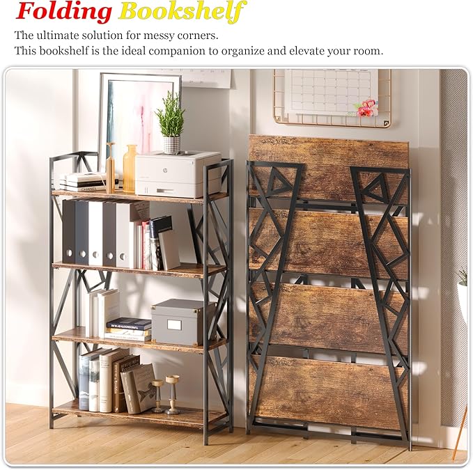 UDD No Assembly Wide Folding Bookshelf, 50.8" H x 30.9" W, 4 Tier Foldable Book Shelf Industrial Bookcase, Vintage Collapsible Storage Shelves for Home Office Living Room Bedroom, Rustic Brown Black