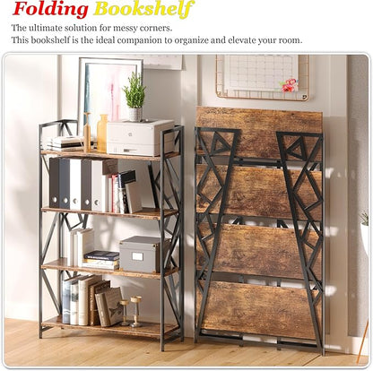 UDD No Assembly Wide Folding Bookshelf, 50.8" H x 30.9" W, 4 Tier Foldable Book Shelf Industrial Bookcase, Vintage Collapsible Storage Shelves for Home Office Living Room Bedroom, Rustic Brown Black