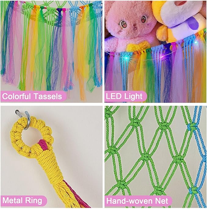 FIOBEE Stuffed Animals Net or Hammock with LED Light, Toy Hammock Hanging Stuffed Animals Storage Organizer Holder Room Décor for Nursery Kids Bedroom