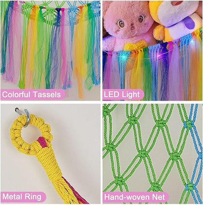 FIOBEE Stuffed Animals Net or Hammock with LED Light, Toy Hammock Hanging Stuffed Animals Storage Organizer Holder Room Décor for Nursery Kids Bedroom