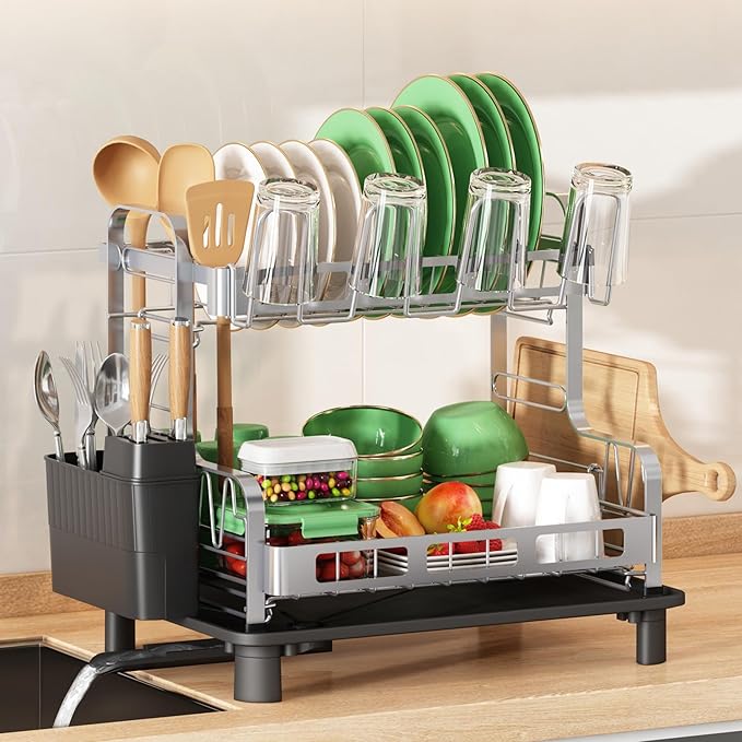 BOOSINY 2 Tier Stainless Steel Dish Drying Rack for Kitchen Counter, Large Dish Dryer Rack for Saving Space, Dish Drainers with Cup Holder & Utensil Holders, Silver