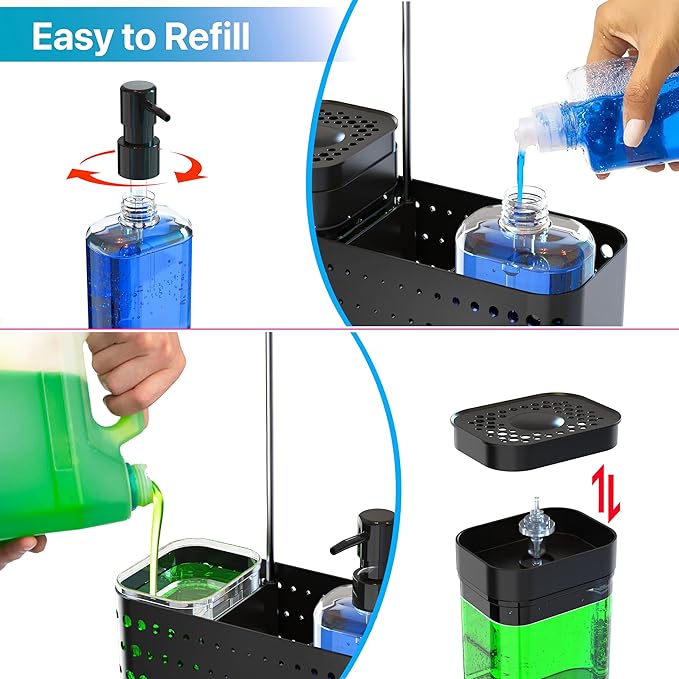 YAN & HIN Dish soap dispenser with sponge holder, 5-in-1 Kitchen soap dispenser set, Soap holder kitchen, Soap and sponge holder for sink