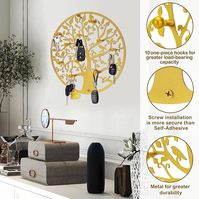 Round Decorative Home Key Holder Wall Mount, 2 Pack Metal Tree Car Key Rack for Wall Organizer for Keys, Wallets, Hats, Used for Decor for House Entryway, Kitchen, Garage, Office (12" Gold)