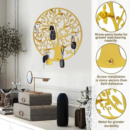Round Decorative Home Key Holder Wall Mount, 2 Pack Metal Tree Car Key Rack for Wall Organizer for Keys, Wallets, Hats, Used for Decor for House Entryway, Kitchen, Garage, Office (12" Gold)