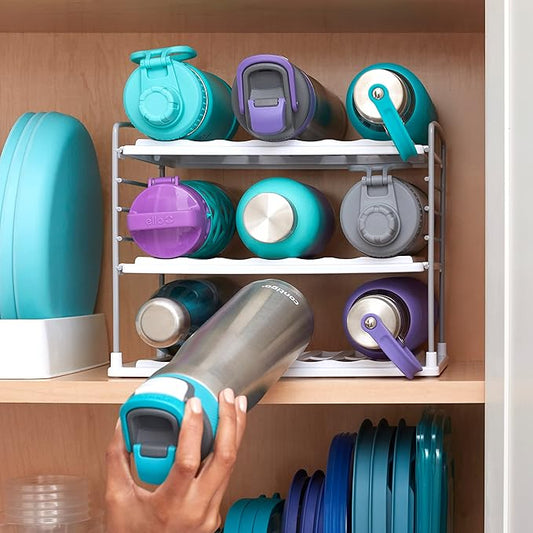 YouCopia UpSpace Water Bottle and Travel Mug Cabinet Organizer, Adjustable Storage Rack for Kitchen Organization, 3-Shelf