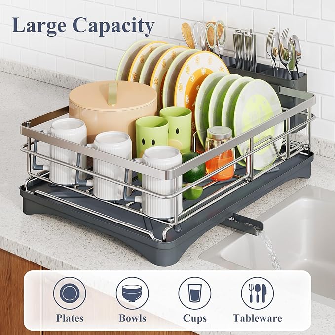 SAYZH Dish Drying Rack - Stainless Steel Dish Rack for Kitchen Counter, Large-Capacity Dish Drainer with Cutlery Holder, Kitchen Organizer for Dishes, Spoons and Forks, Silver