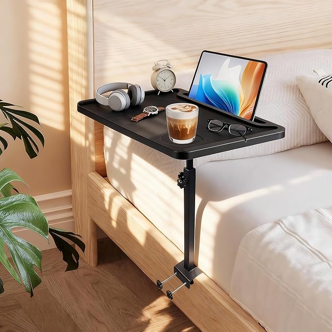AmaCielo Adjustable Bedside Shelf for Bed, College Dorm Room Essentials, Bamboo Bed Side Tray Table with Sturdy Metal Pole, Clip On Nightstand Organizer for College, Apartment, Bunk Beds