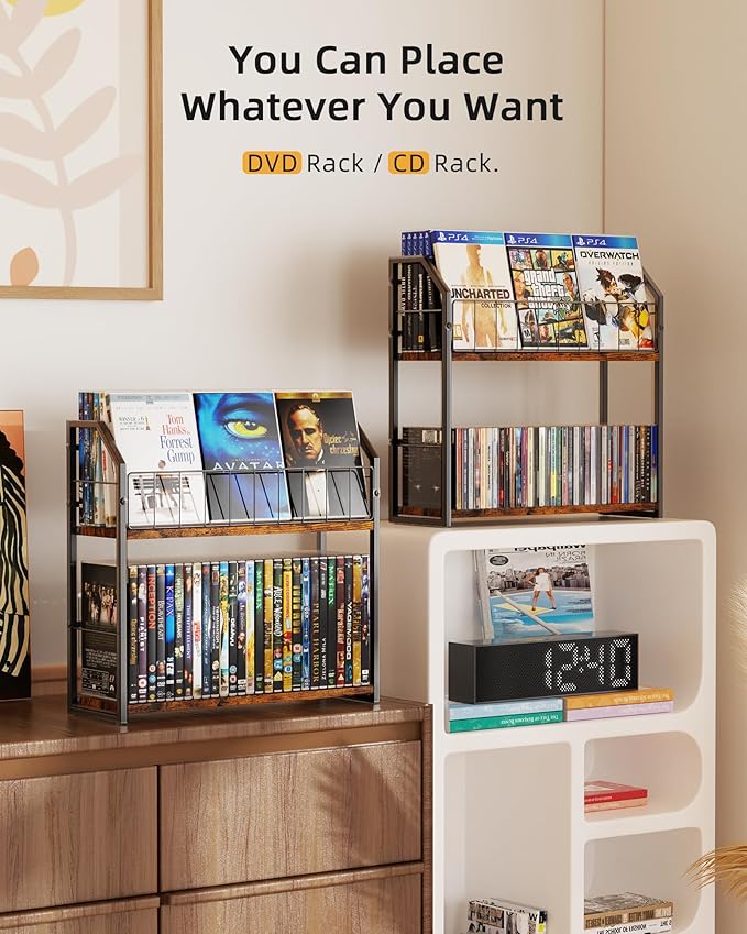 2-Tier DVD Storage Rack, DVD Shelf for Non-slip Feets, DVD Holder Display with 10lb per Tier, Stores Up to 56 DVDs, Display Organizer Tower for Music Enthusiasts and Collection