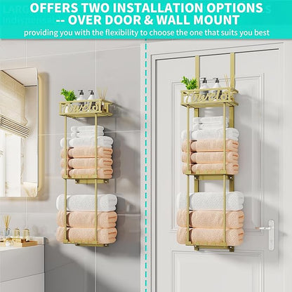 HapiRm Towel Rack Bathroom Storage - 3 Tier Over The Door & Wall Mounted Rolled Towel Racks Holder Organizer with Metal Shelf and 6 Hooks for Small Bathroom, Camper, Rv - Black
