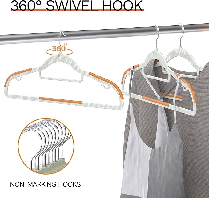 MLKJHHI 60 Pack Heavy Duty Plastic Hangers, Non Slip Clothes Hangers with Rubber Pads and 360° Hook - Thin Space Saving Hanger, Closet Organizer for Shirt, Pants, Suit, Skirt, Coat - Orange
