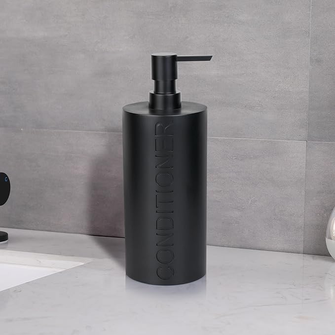 Indecor Home Matte Black Conditioner Dispenser Luxurious Refillable Pump Bottle with Black Resin Pump and Embossed Text, Durable Design for Bathroom and Shower