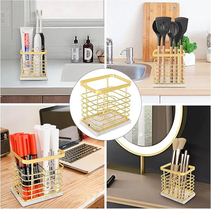 HarJue Toothbrush Holder, Luxurious Metal Toothbrush Toothpaste Holder with Marble Base for Bathroom, Multi-Slots Openwork Design, Bathroom Accessory for Storage and Organizer (Small, Gold)