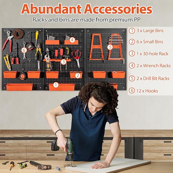 Tool Pegboard Organizer, 4 FT Metal Pegboard Wall with Hooks, Storage Bins & Tool Holders, Peg Board Kit Garage Storage System for Workbench Shed, Craft Room & Workshop (Black+Orange)
