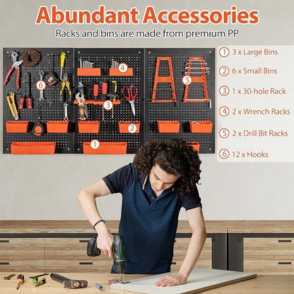 Tool Pegboard Organizer, 4 FT Metal Pegboard Wall with Hooks, Storage Bins & Tool Holders, Peg Board Kit Garage Storage System for Workbench Shed, Craft Room & Workshop (Black+Orange)