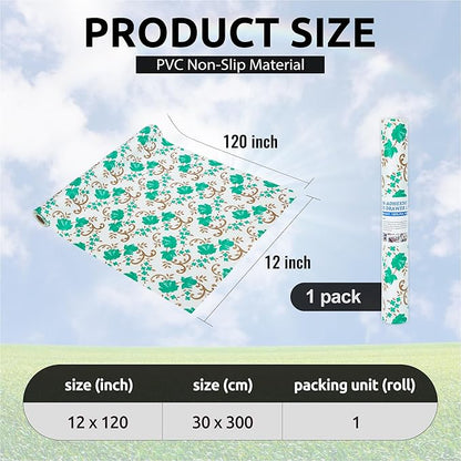 12X120 Inch Shelf Liner for Kitchen Cabinets, PVC Drawer Liner for Dresser Non-Slip Bathroom, Non-Adhesive Cabinet Liner Washable (Green Floral)(1 Roll)