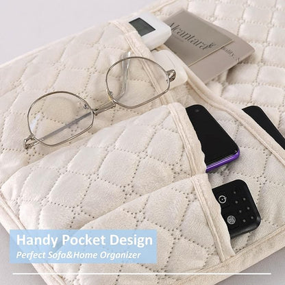 luckyjoyreal Velvet Armchair Caddy for Couch Remote Control Holder Non-slip Sofa Armset Organizer Caddy Storage for Recliner Couch 5 Pocket for Magazine 35"x13" Ivory 1 Piece