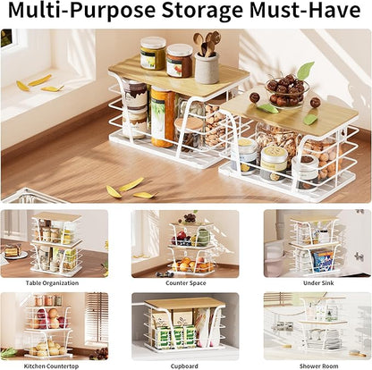 2 Pack Kitchen Organization for Onions,Potatoes - Fruit Basket for Kitchen Counter & Storage Basket,Stackable Storage Bins with Bamboo Top & Lightweight PP Mat,White